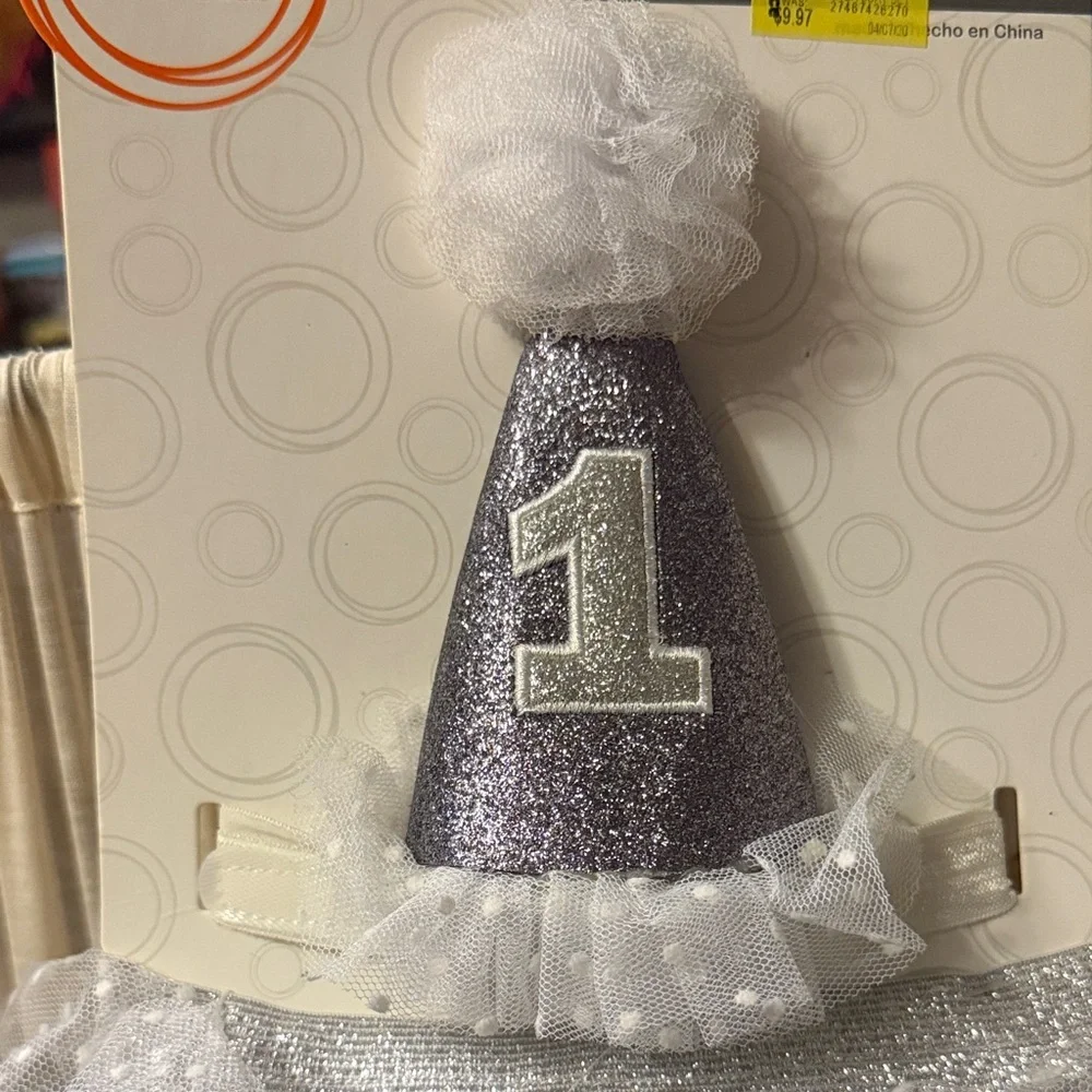 NWTWonder Nation Glittery Silver Party Hat with White Tutu for 1st Birthday 🎊 🎈🎂